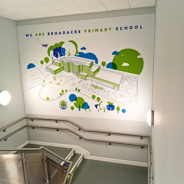 An image of the Broadacre wall graphics by the stairwell.